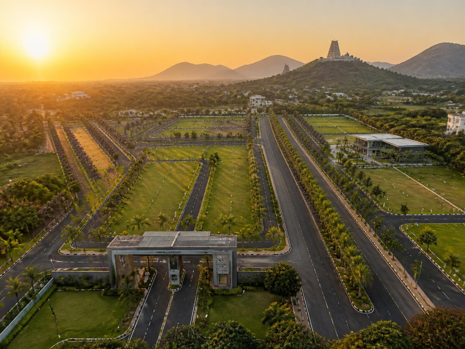 Aerial view of Shripuram Sannidhi plotted layout at sunset